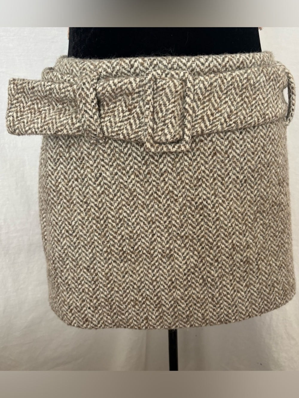 Herringbone Mini Skirt Belted Wool Blend Sz Med Neutral Academia Cottagecore